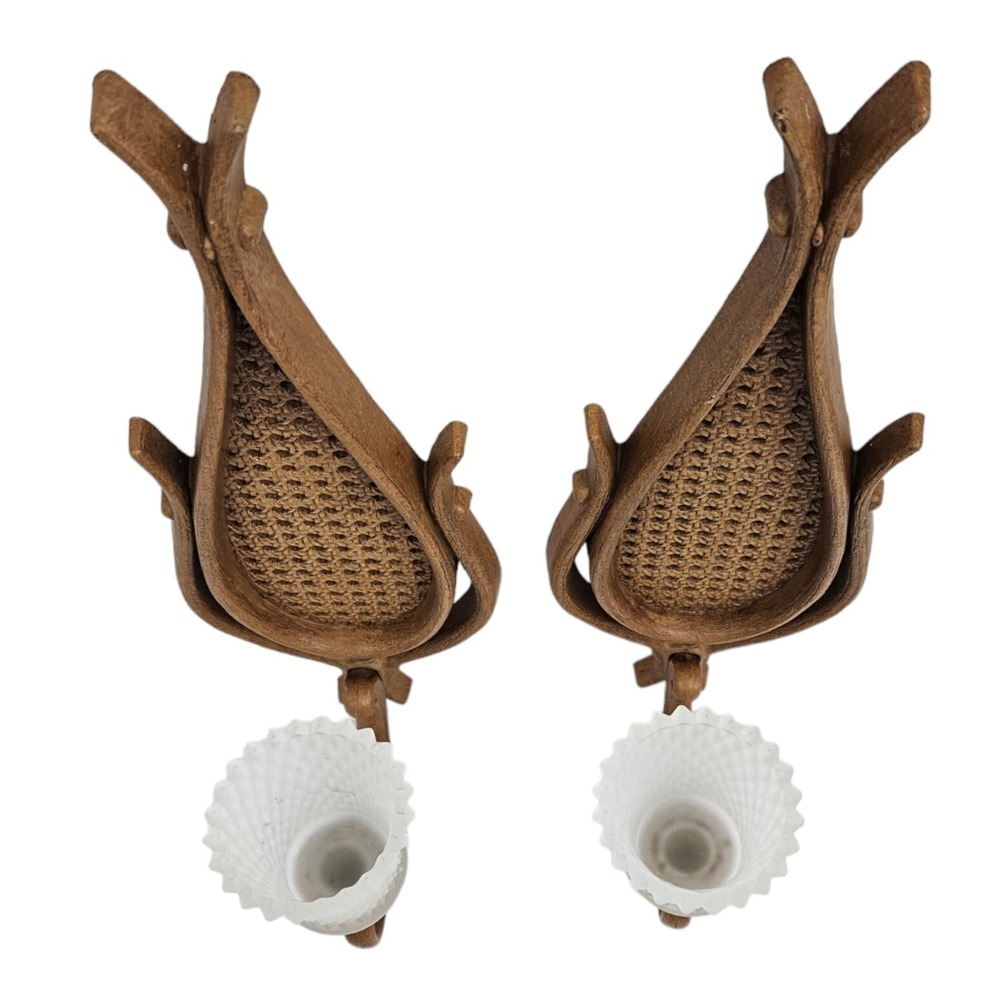 Vintage Homco Rattan Teardrop Candle Sconce Holders w Cups Wall Mount Boho - Picture 5 of 11